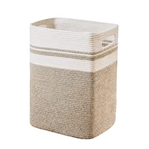 Panier a linge en corde de coton tisse boite de rangement pour maison, bac rectangulaire durable.
