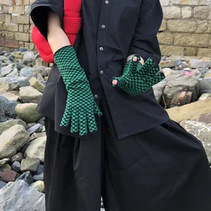 Green and black checkerboard knit gloves, cozy medium long winter wool touchscreen gloves.