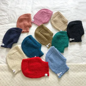 Solid color winter knit balaclava hood, warm fleece earflap knitted cap details display.