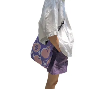 Japanese style knit shoulder tote bag with cute peach pattern for women and kids, casual.