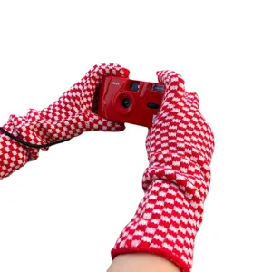 Red and white checkerboard knitted long gloves winter warm wool gloves fashion stylish