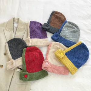 Knit color block balaclava hat neck warmer set, stylish winter woolen cap detail view.
