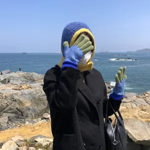 Color-blocked knitted balaclava and gloves set, warm wool blend winter outdoor gear.