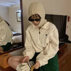 Solid color winter knitted balaclava hat, warm thermal fleece ear protection cap for women daily use.