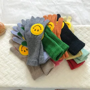 Gants tricotés mignons avec smiley pour couples, gants d'hiver chauds en laine épaisse en couleurs.