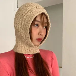 Beige knitted balaclava hood for women, soft winter warm fleece ear protection beanie hat.