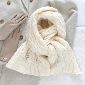 Gezellige beige dikke gebreide wintersjaal, warme dikke sjaal voor vrouwen, casual stijl.