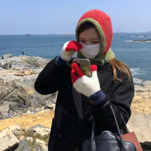 Korean style wool balaclava integrated hat and color block knit gloves set for winter.