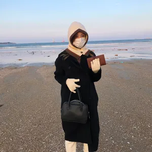 Winter knitted hooded scarf and touchscreen gloves set, stylish warm fashion outdoor wear.