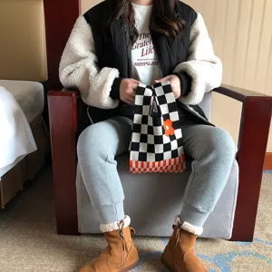 Sac à main tricoté minimaliste japonais à motif damier et fleur orange pour femmes