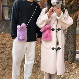 Fuzzy plush crossbody phone bag cute bunny ear design soft shoulder bag for women daily casual