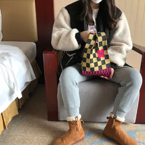 Joli sac cabas tricoté à motif damier et fleurs mini sac à main décontracté chic