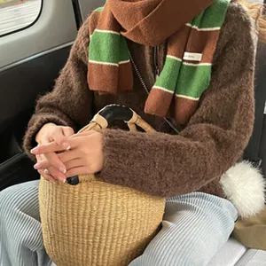 Korean style brown green striped knit scarf warm winter cozy college fashion neck warmer women