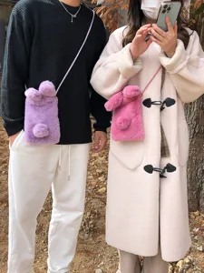 Joli Sac Bandoulière En Peluche Hiver Oreille De Lapin Sac De Téléphone Doux Flou Douce Fourrure Synthétique Petit Carré Messager Pour Enfants Femmes