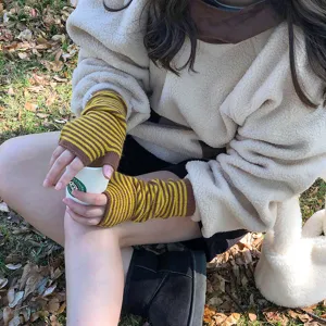 Guantes de punto a rayas sin dedos otono invierno para mujer y hombre, muy calientes.