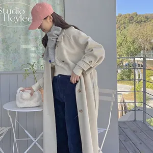 Cozy knit scarf and long coat detail shot, perfect for warm winter daily wear and stylish look.