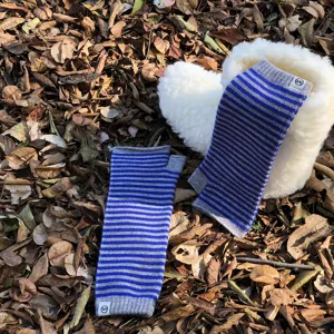 Guantes de punto sin dedos a rayas azules y grises para invierno, calentadores de lana suaves.