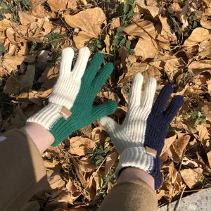 Detail shot of stylish colorblock knit gloves, warm winter wool accessories for women.