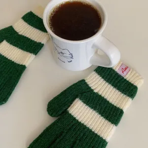 Groen-wit gestreifte gebreide handschoenen voor dames, gezellige warme winterhandschoenen.