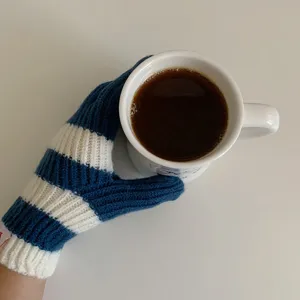 Gedetailleerd overzicht van blauw-witte gestreepte gebreide winterhandschoenen, warm.