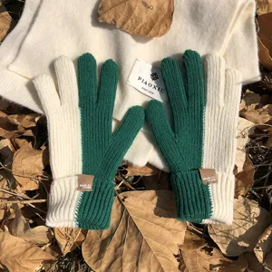 Women's trendy color-blocked knit gloves, stylish winter warm wool gloves for outdoor wear.