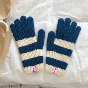 Vrouwen winter warme blauw witte gestreepte gebreide handschoenen schattige accessoires
