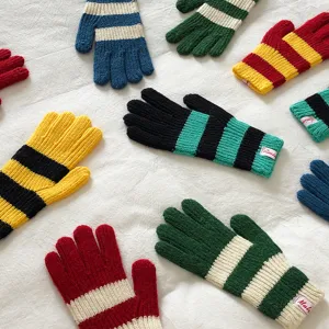 Gedetailleerd overzicht van kleurrijke gebreide winterhandschoenen, warme wollen dameshandschoenen.