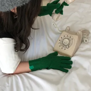Guantes de punto verde mujer invierno color solido gruesos calientes dedos completos