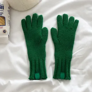 Guantes de punto verde de invierno para mujer gruesos calidos de color solido