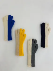 Women's color block knitted gloves winter warm thermal ribbed wool mittens details view