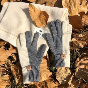 Women knit colorblock gloves scarf winter warm cozy stylish outdoor daily wear accessories