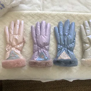 Women's winter windproof thermal gloves detail featuring soft fur cuffs and chic embroidery.