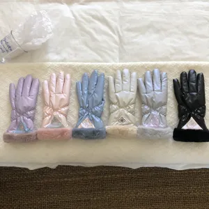 Winter thermal touch screen windproof gloves for women with plush warm lining detail.