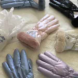 Windproof thermal winter cycling gloves with plush cuffs and touch screen function for women.