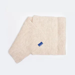 Cozy knitted winter neck warmer scarf in solid beige color with soft wool texture for warmth.