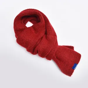 Red knitted warm cross scarf detail, solid color wool winter neck warmer for women.