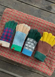 Winter warm knitted gloves with color block and geometric patterns for outdoor cycling daily use.