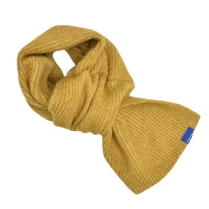 Yellow knitted cross scarf for winter warmth, soft ribbed wool neck warmer for women.