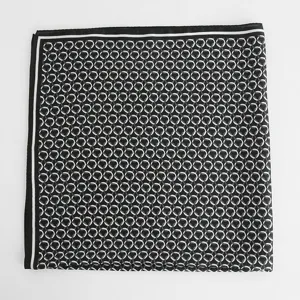 Detailed view of 70cm black and white chain print square silk scarf, stylish luxury accessory.