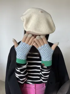 Winter Japanese color-block knitted fingerless gloves warm woolen gloves for couple cycling style