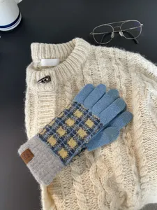 Winter knitted gloves warm colorblock plaid thermal gloves couple style cycling thick gloves.