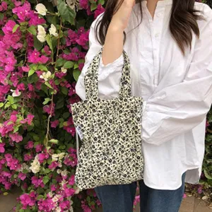 Charming floral mini tote bag detail, sweet style canvas handbag with comfortable top handles.