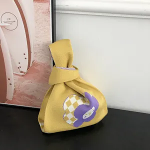 Sac noué en tricot jaune avec motif de dessin animé mignon, sac cabas élégant pour femmes.