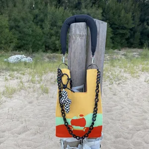 Handmade knit shoulder bag with chain strap, colorful apple pattern fashion tote for women