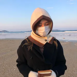 Knitted hooded scarf set for women, warm winter balaclava and gloves, stylish beach outdoor wear.