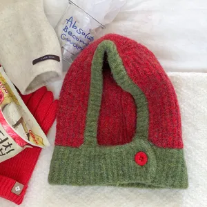 Knitted balaclava winter warm red and green colorblock hood scarf for women and men.