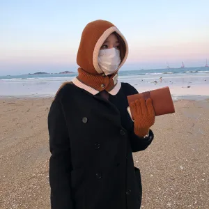 Winter knitted hooded scarf set and touchscreen gloves for women chic outdoor warm.