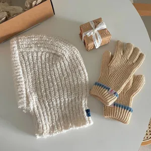 Beige knitted balaclava hat and matching gloves set, cozy winter warm earflap hood.