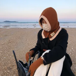 Brown knitted balaclava hood scarf set and warm winter touch screen gloves for women.