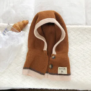 Winter knitted hooded scarf for women and girls, stylish cozy balaclava cap with warm buttons.
